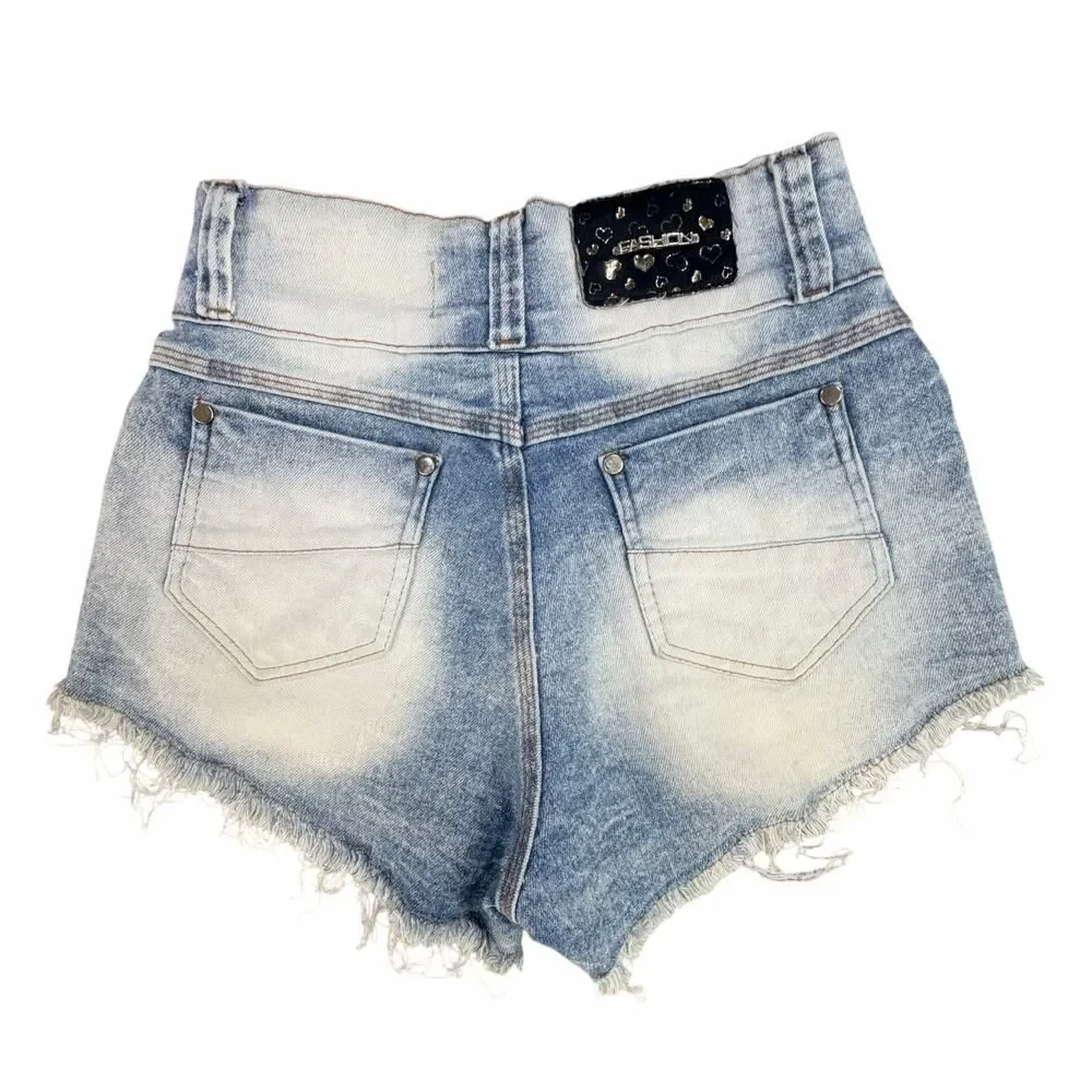VTG Y2K Hyconts Brazilian Distressed Rhinestone Denim Button Fly Shorts Size 26